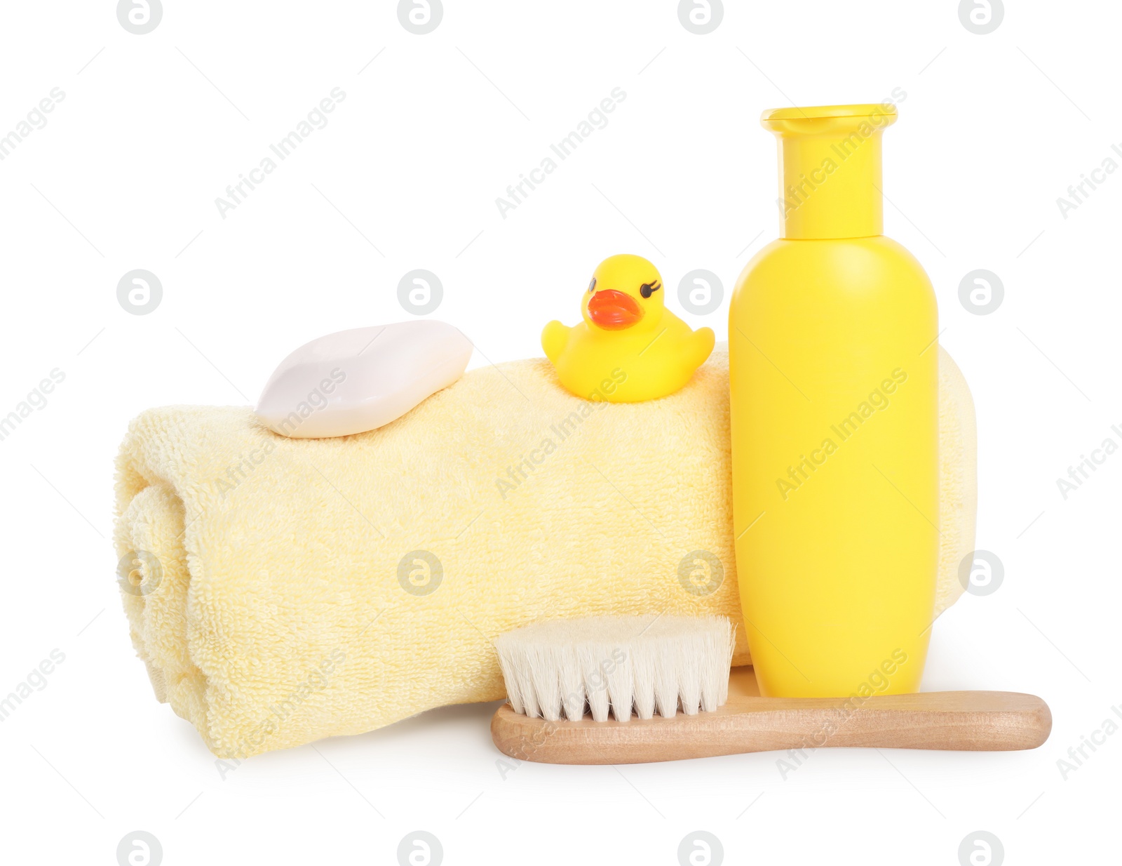 Photo of Baby cosmetic products, bath duck, brush and towel isolated on white