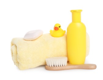 Photo of Baby cosmetic products, bath duck, brush and towel isolated on white