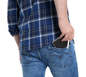 Man putting cigarette case into pocket isolated on white, closeup