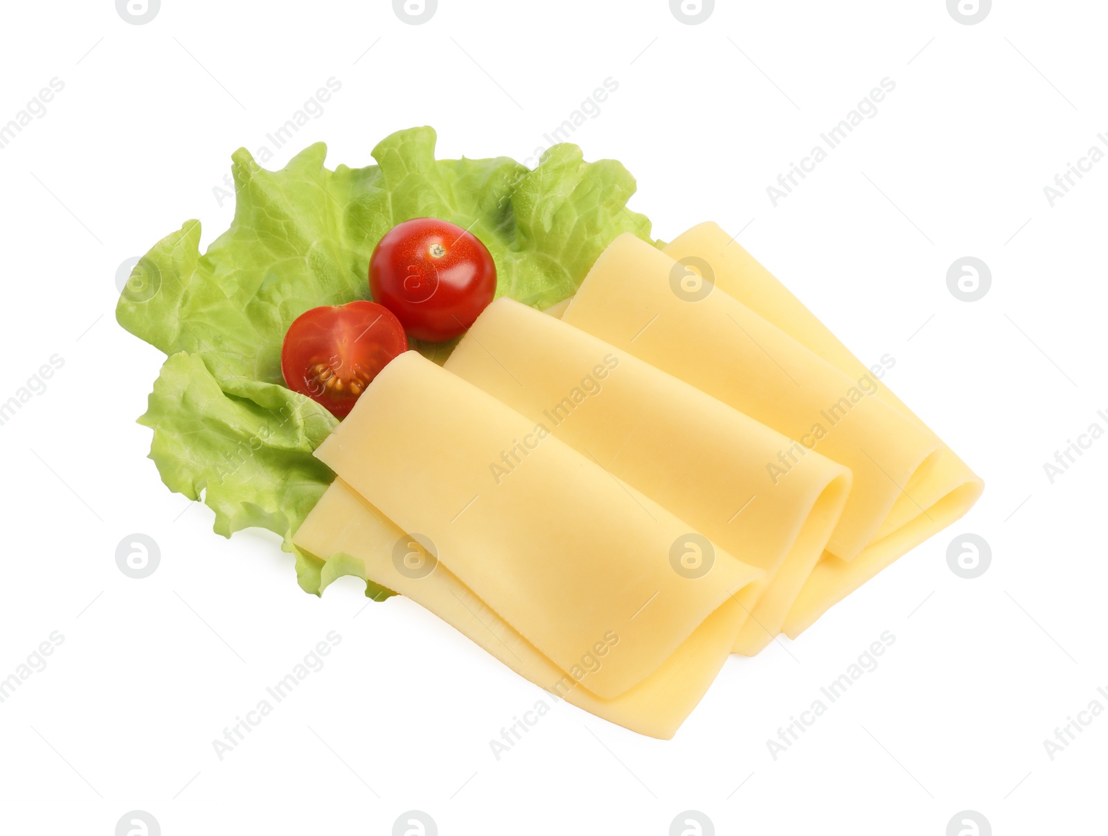 Photo of Slices of tasty fresh cheese, tomatoes and lettuce isolated on white