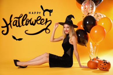 Image of Happy Halloween. Beautiful woman wearing witch costume with balloons and pumpkins on yellow background