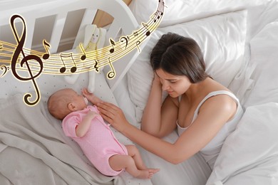 Image of Lullaby songs. Mother and her baby sleeping at home. Illustration of flying music notes over woman and child