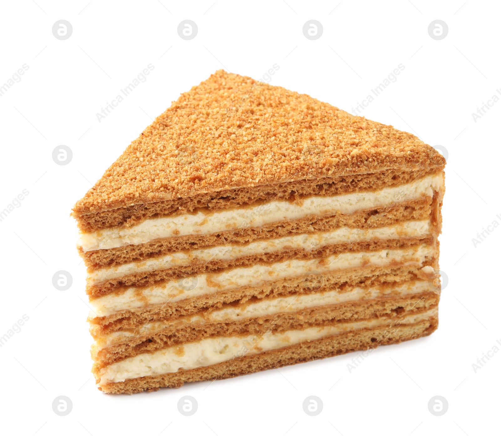 Photo of Slice of delicious layered honey cake isolated on white