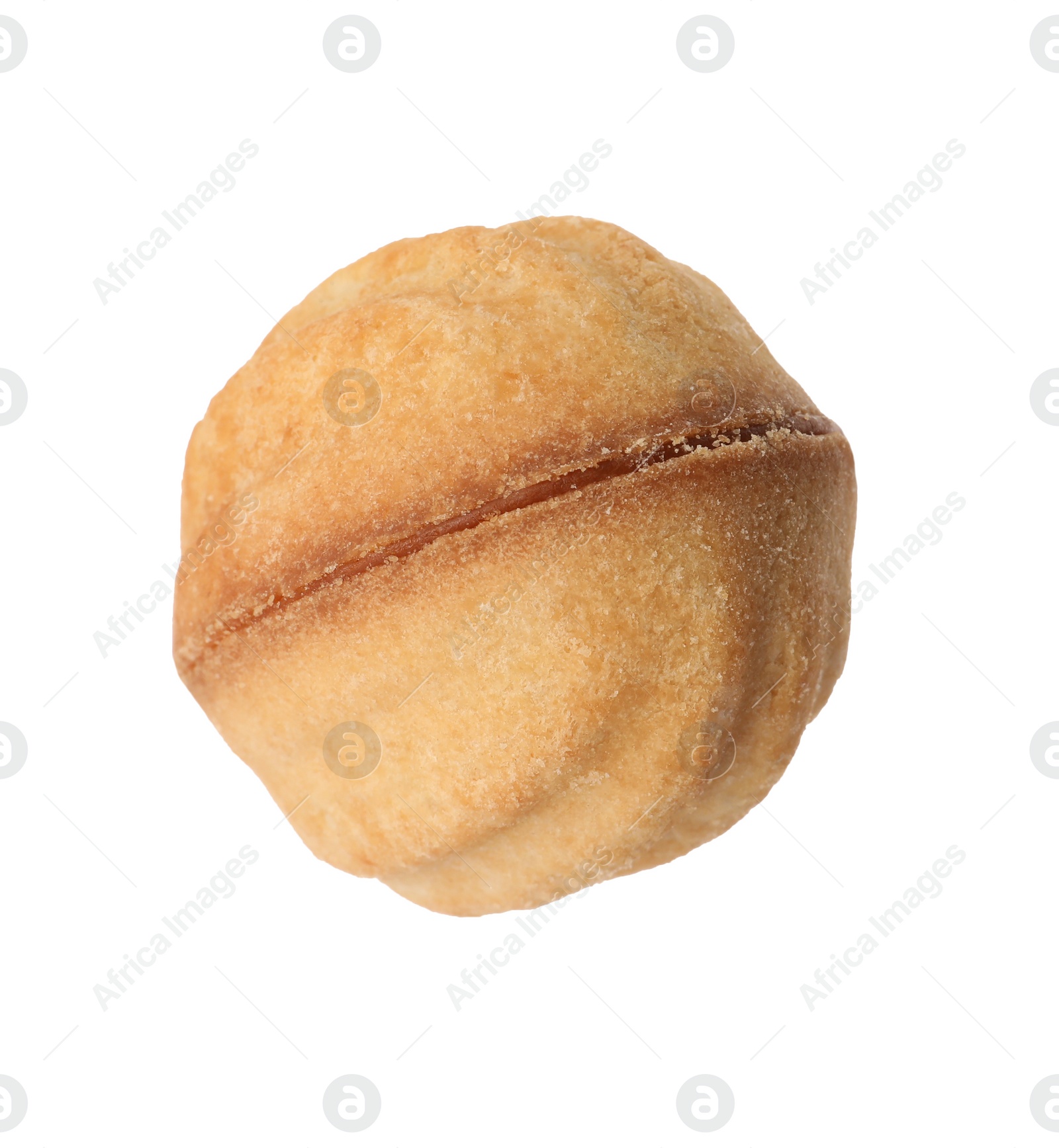 Photo of Delicious nut shaped cookie with condensed milk isolated on white