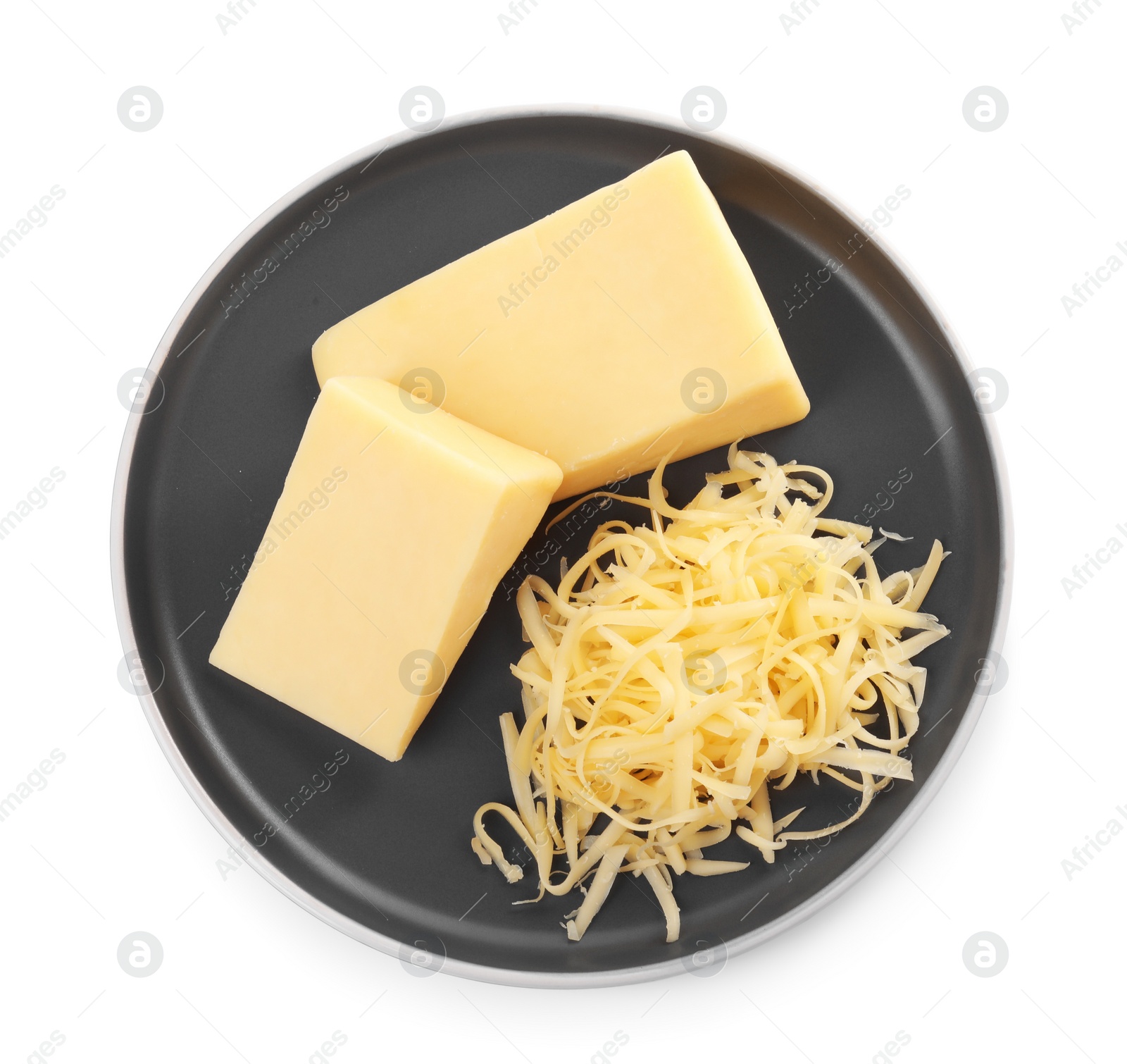 Photo of Grated cheese and pieces of one isolated on white, top view