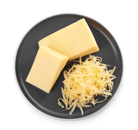 Grated cheese and pieces of one isolated on white, top view