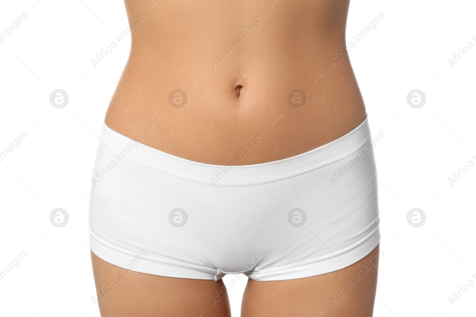 Photo of Young woman with slim body isolated on white, closeup. Plastic surgery concept