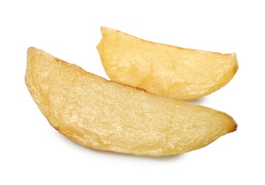 Tasty baked potato wedges on white background