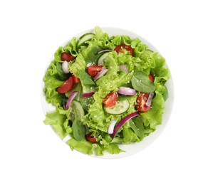 Photo of Delicious salad in bowl isolated on white, top view