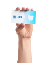 Photo of Woman holding business card isolated on white, closeup. Dental medical service