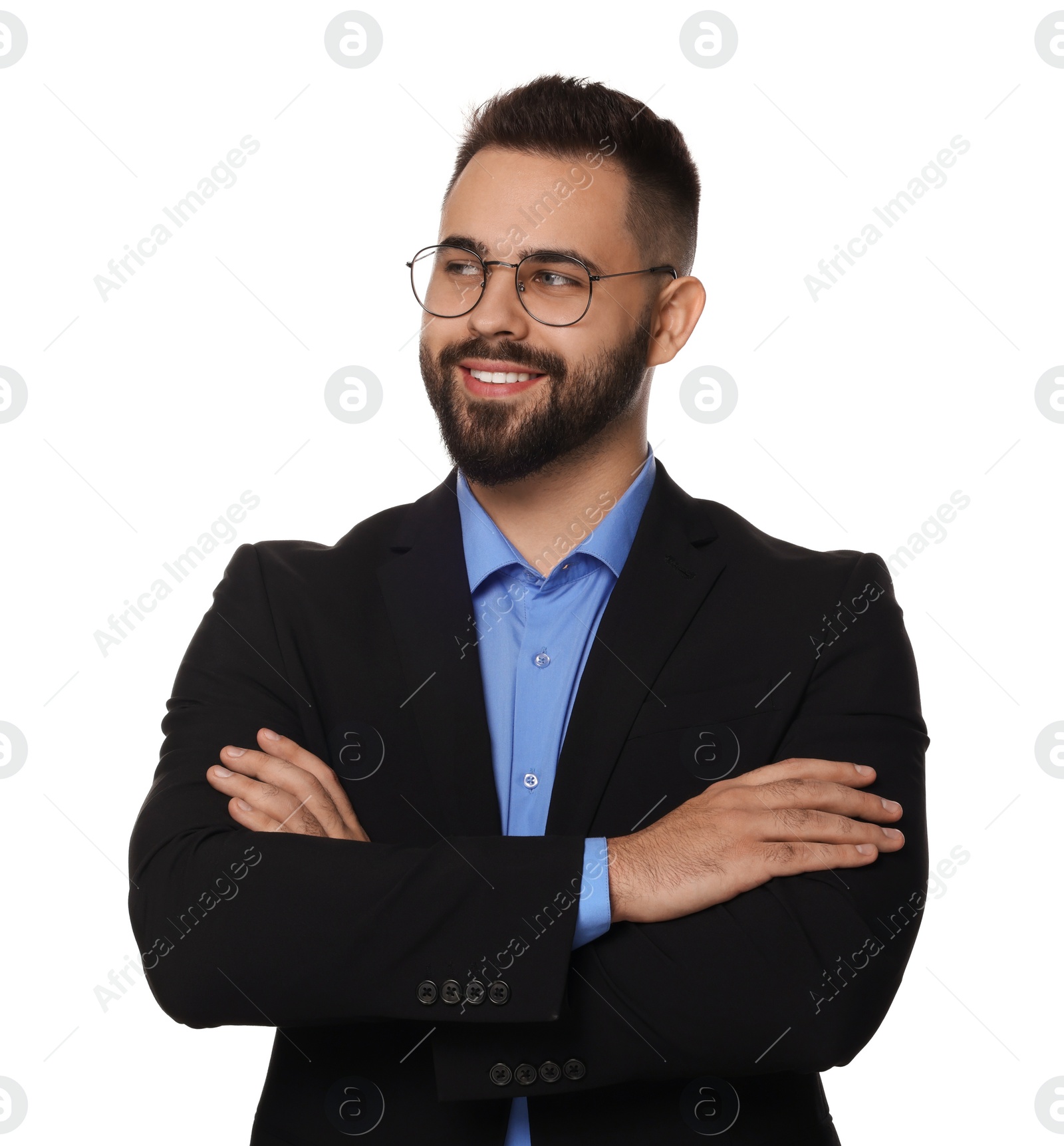 Photo of Portrait of smiling man in glasses with crossed arms on white background. Lawyer, businessman, accountant or manager