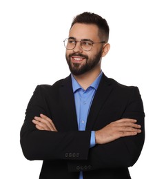 Photo of Portrait of smiling man in glasses with crossed arms on white background. Lawyer, businessman, accountant or manager