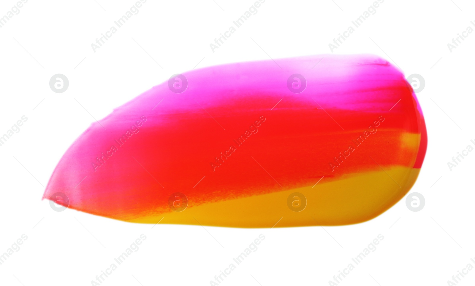 Photo of Pink, red and yellow paint samples on white background, top view