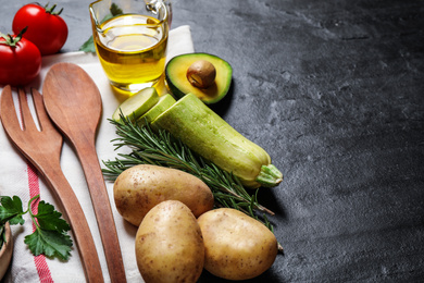 Photo of Fresh products on grey table. Healthy cooking