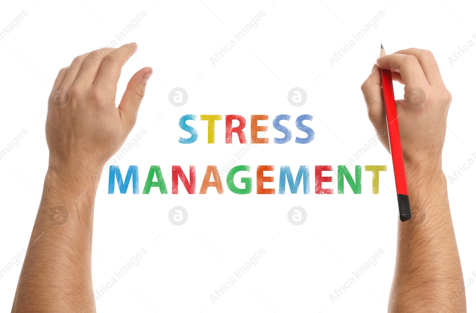 Image of Man writing text STRESS MANAGEMENT on white background, closeup