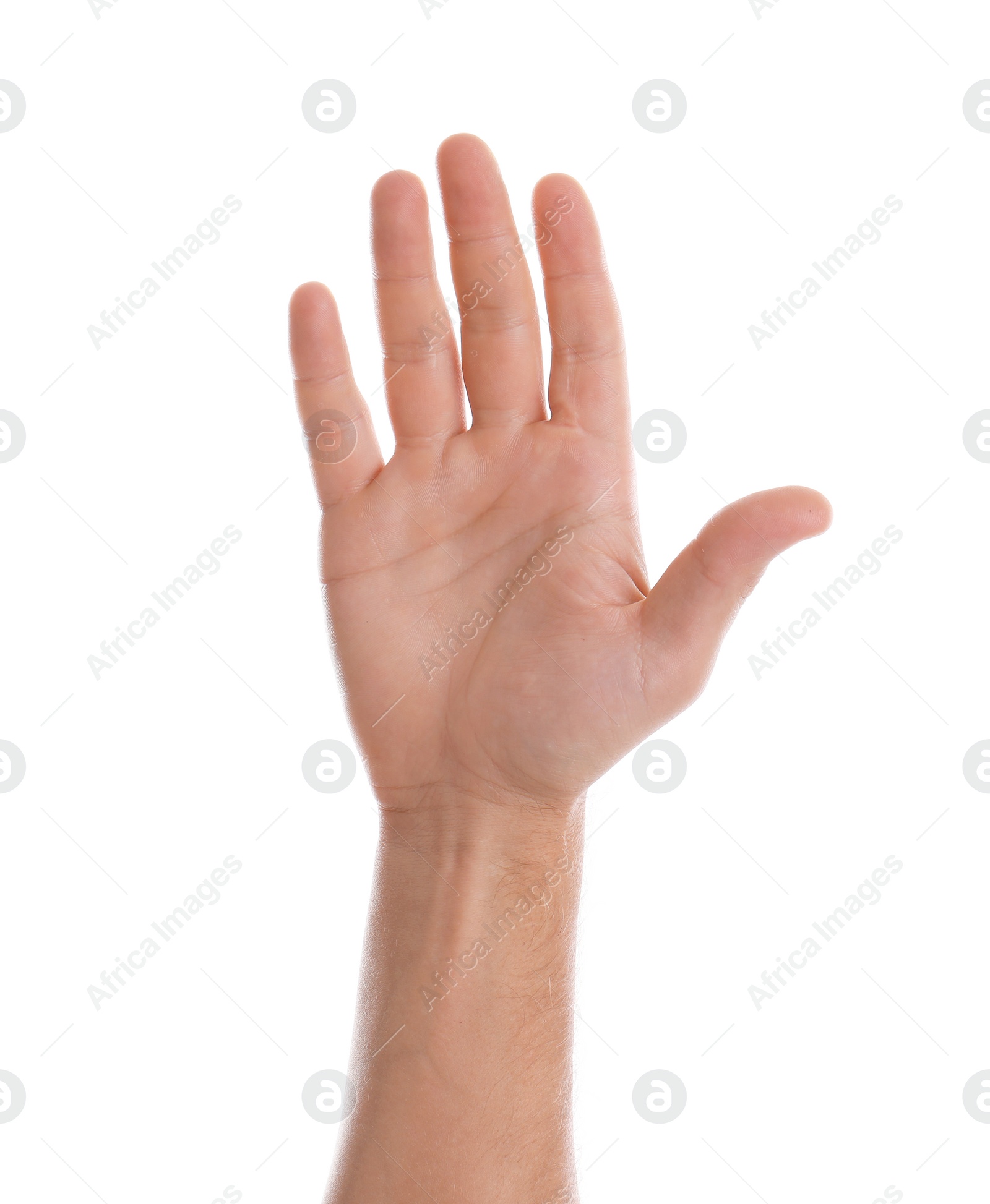 Photo of Man showing palm of hand on white background, closeup