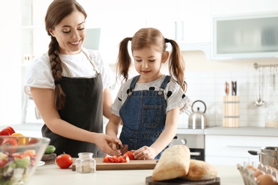 Photo of Young nanny with cute little girl cooking together in kitchen