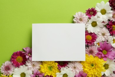 Photo of Beautiful chrysanthemum flowers and blank card on green background, flat lay. Space for text