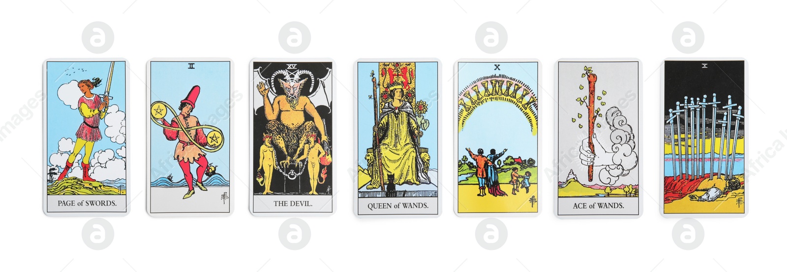 Image of Set with different tarot cards on white background. Banner design