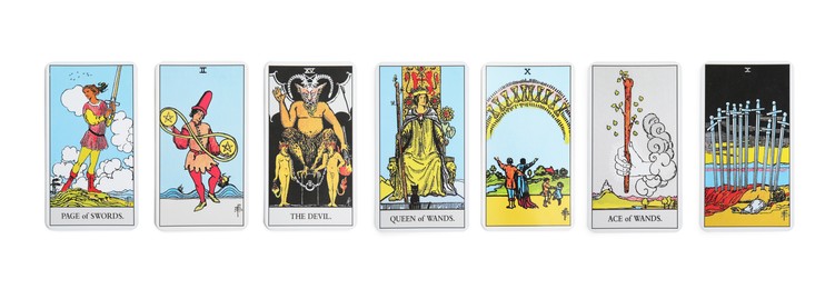 Set with different tarot cards on white background. Banner design
