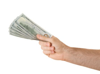 Photo of Man with dollar bills on white background, closeup