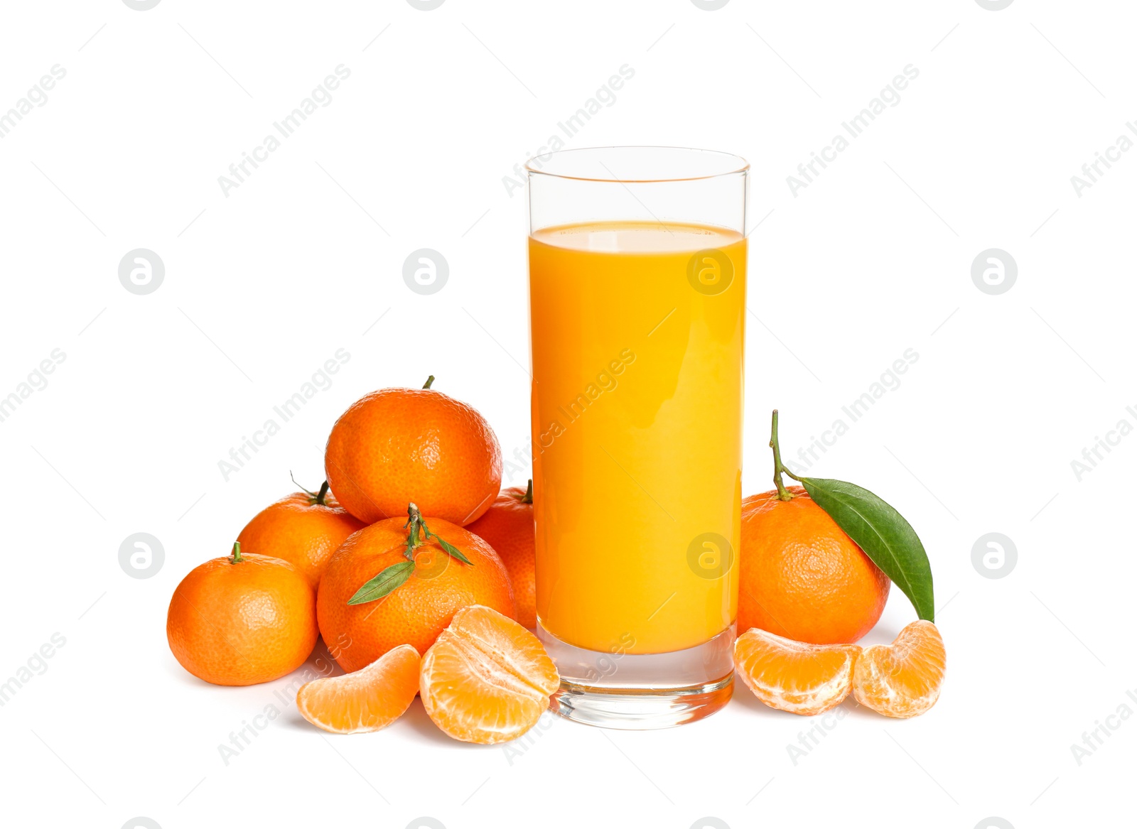 Photo of Fresh tangerines and glass of juice isolated on white