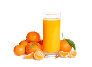 Photo of Fresh tangerines and glass of juice isolated on white