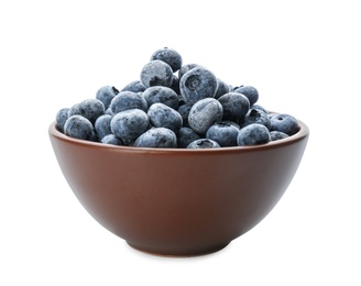 Tasty frozen blueberries in bowl isolated on white