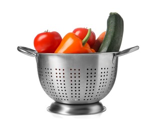 Photo of Colander with fresh vegetables isolated on white