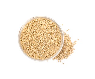 Bowl with quinoa on white background, top view