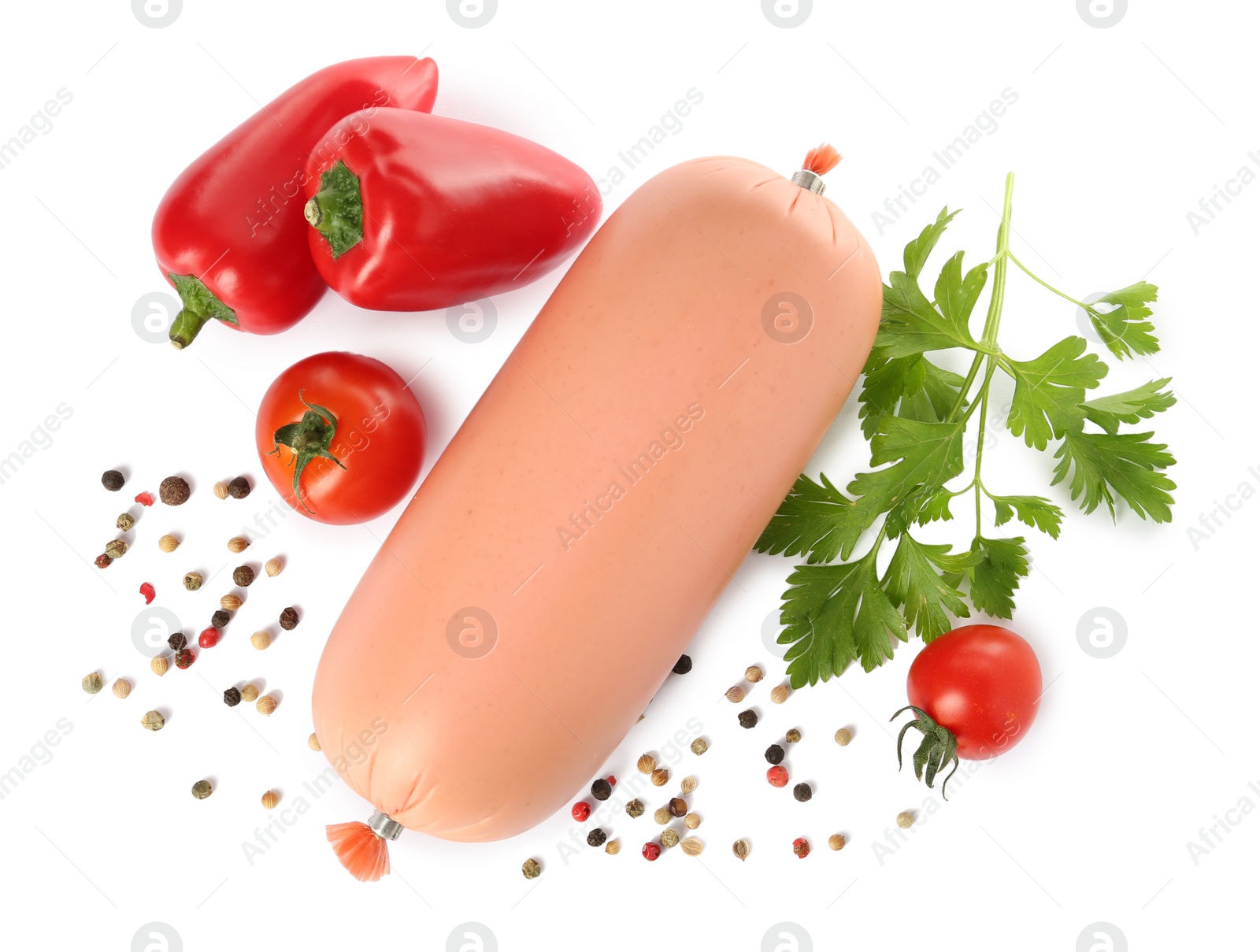 Photo of Tasty boiled sausage with vegetables, parsley and peppercorns on white background, top view