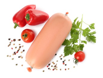 Tasty boiled sausage with vegetables, parsley and peppercorns on white background, top view