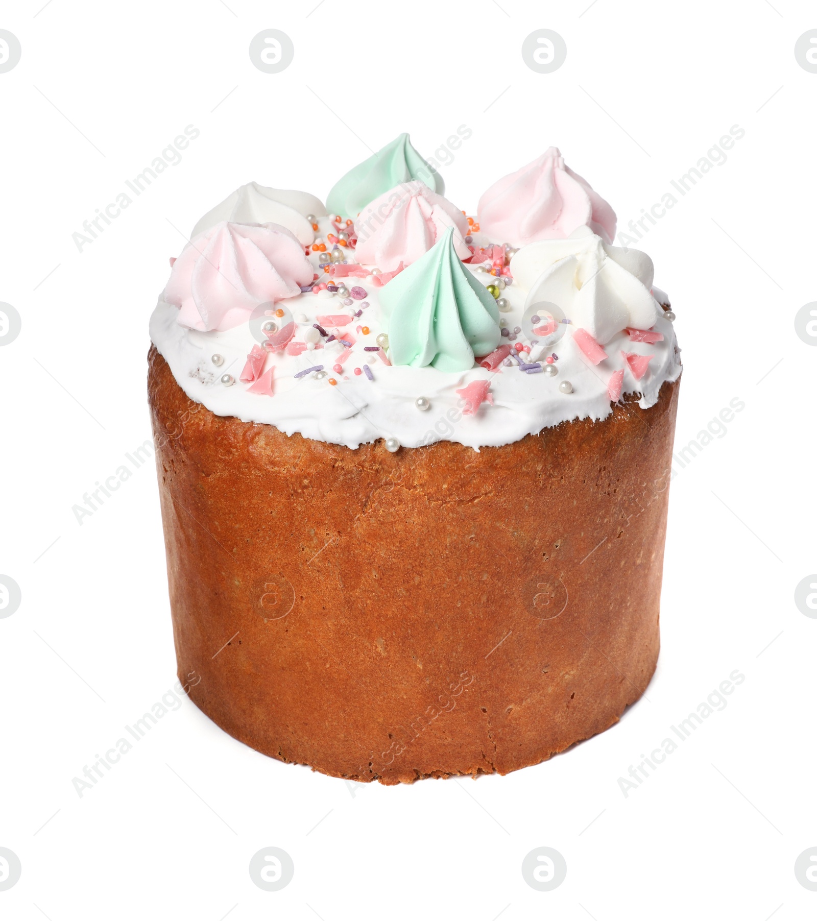 Photo of Traditional Easter cake with sprinkles and meringues isolated on white