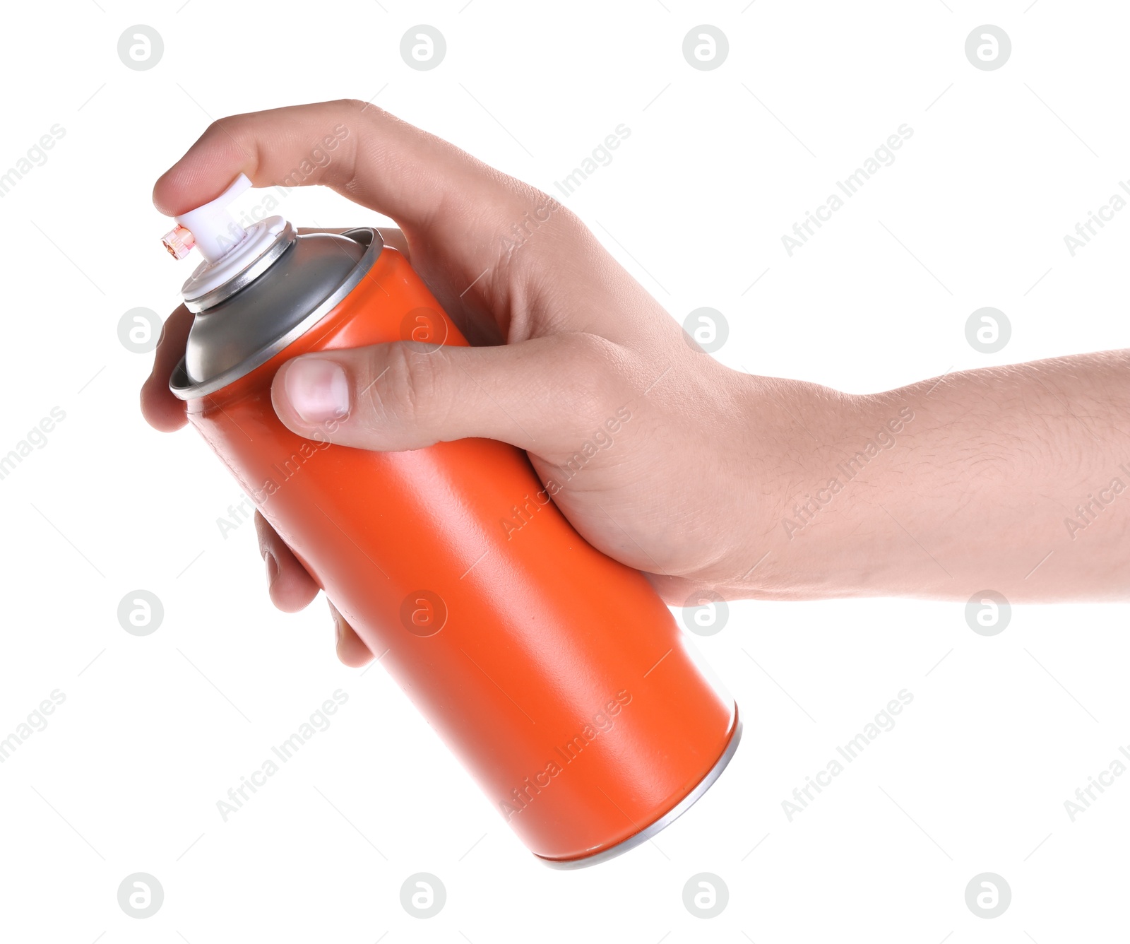 Photo of Man with can of spray paint on white background, closeup