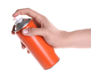 Photo of Man with can of spray paint on white background, closeup