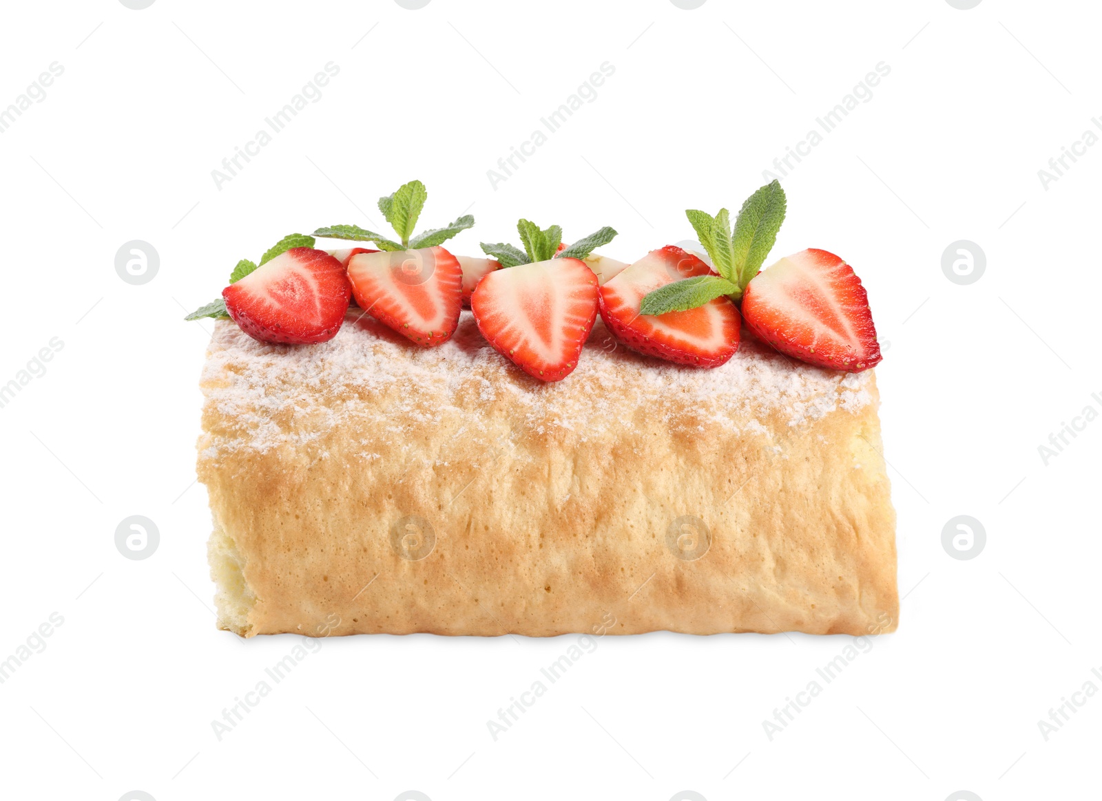 Photo of Delicious cake roll with strawberries and mint isolated on white