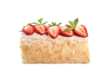 Photo of Delicious cake roll with strawberries and mint isolated on white