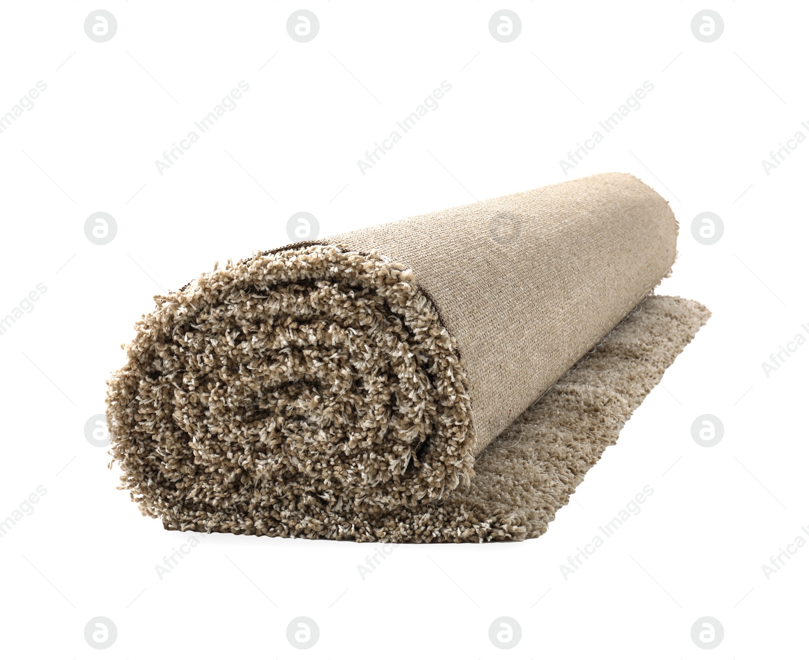 Photo of Rolled fuzzy carpet on white background. Interior element