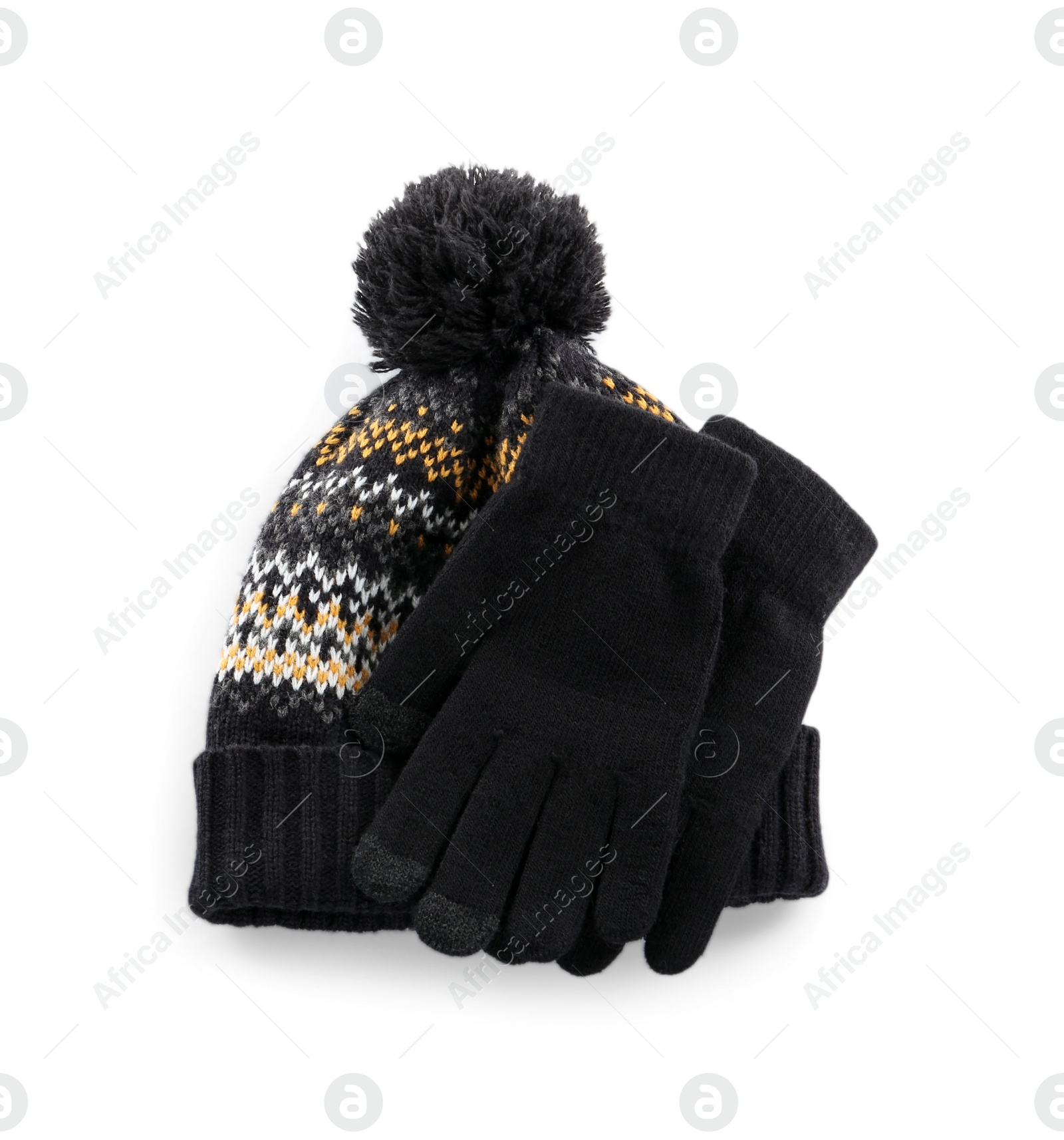 Photo of Woolen gloves and hat on white background, top view