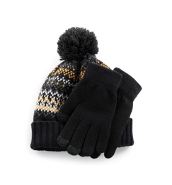 Woolen gloves and hat on white background, top view