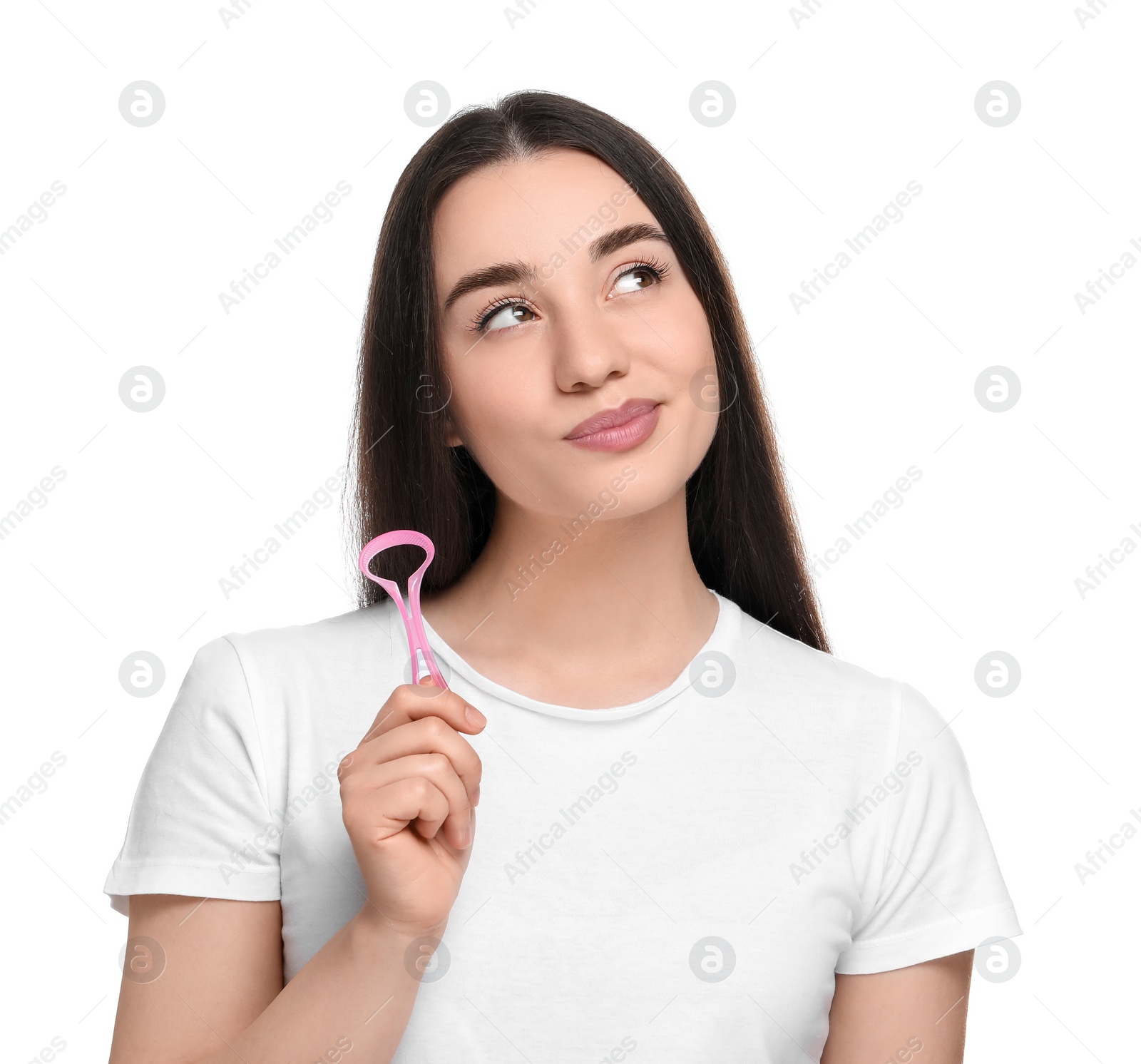 Photo of Smiling woman with tongue cleaner on white background