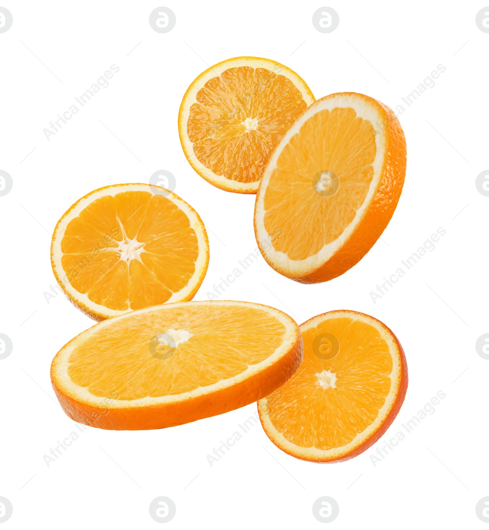 Image of Juicy orange slices flying on white background