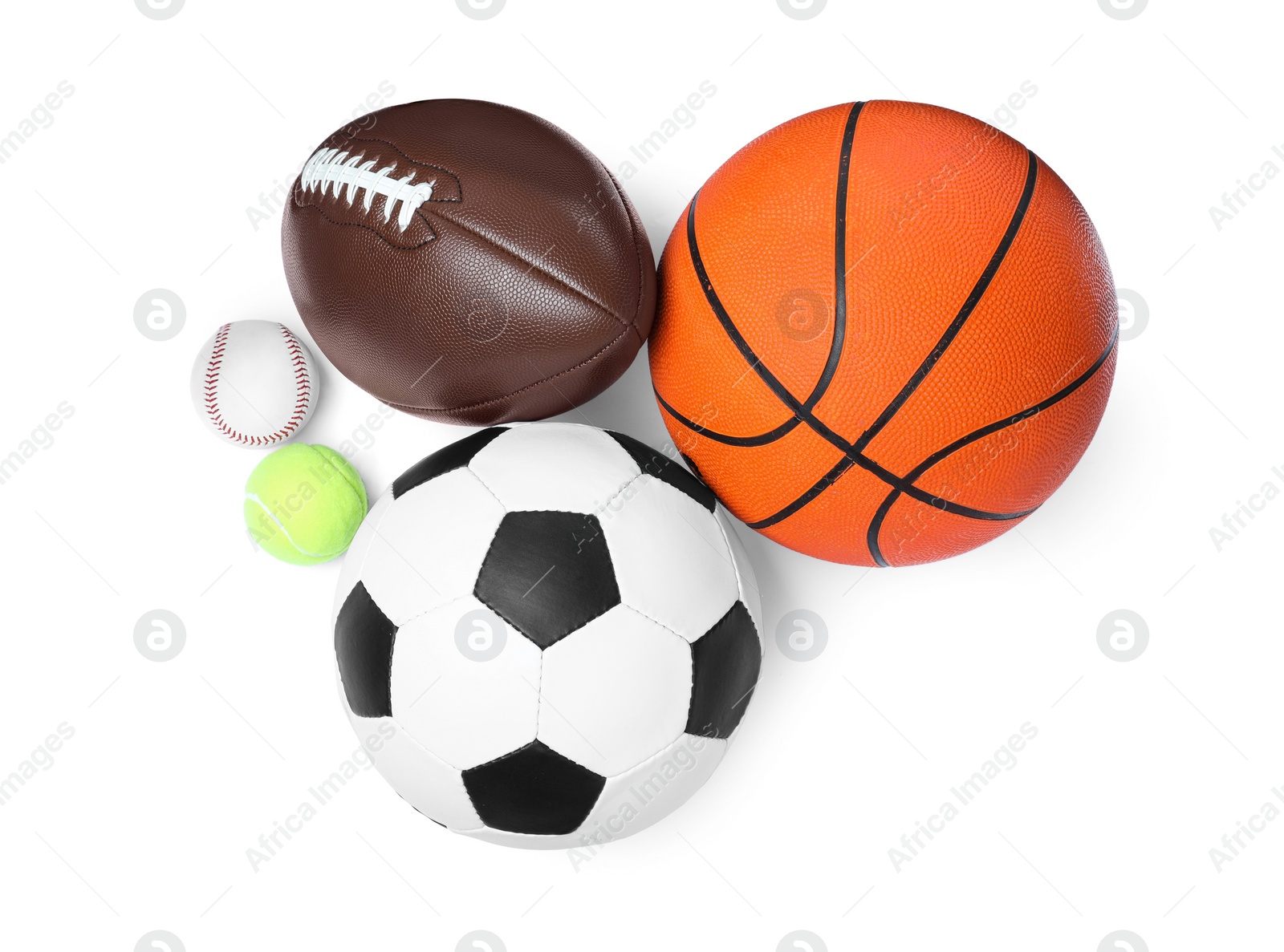 Photo of Set of different sport balls on white background, top view