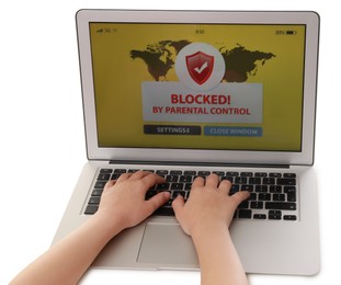 Photo of Child using laptop with installed parental control app on white background, closeup. Cyber safety