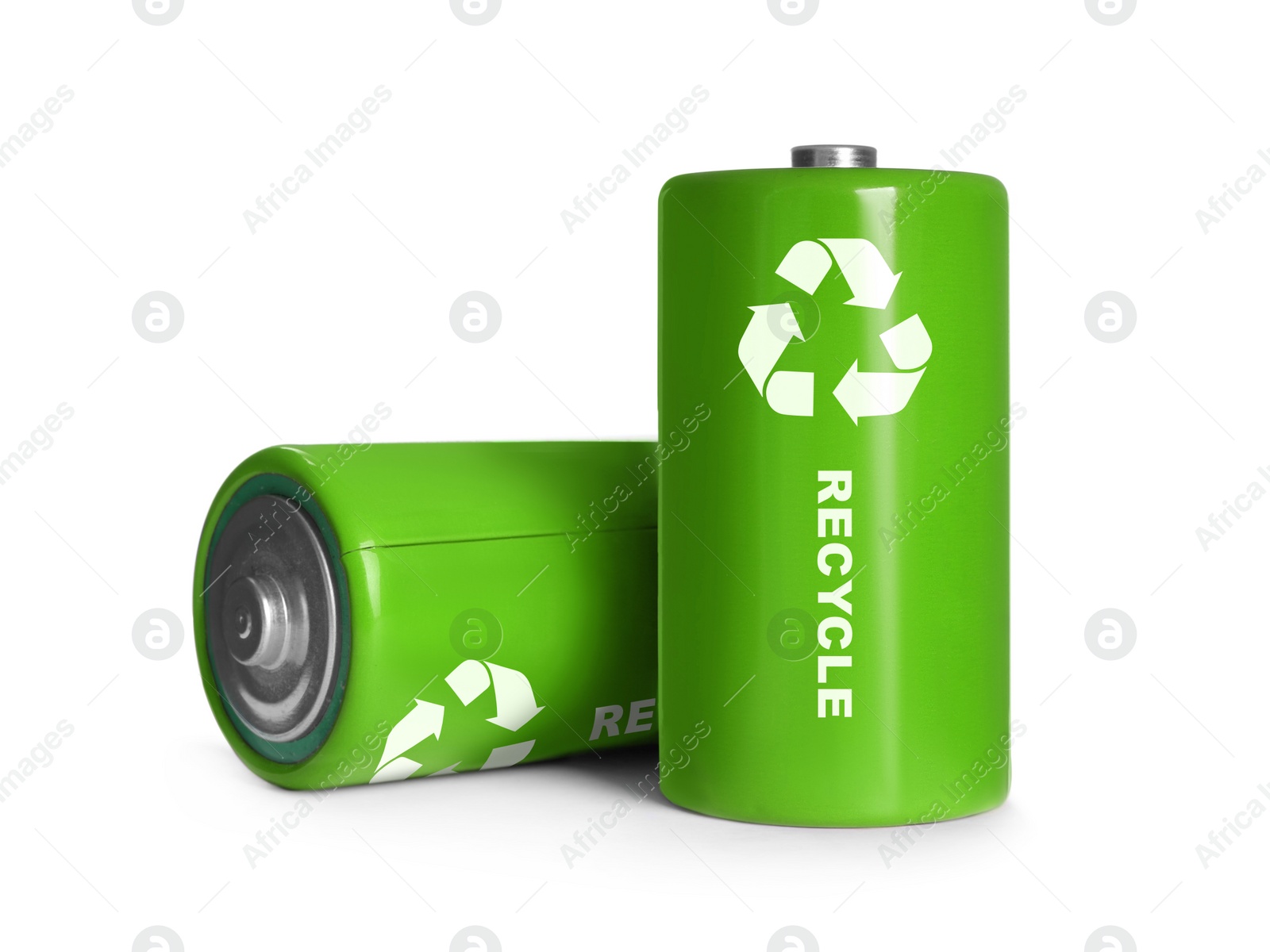 Image of Batteries with recycle symbols on white background