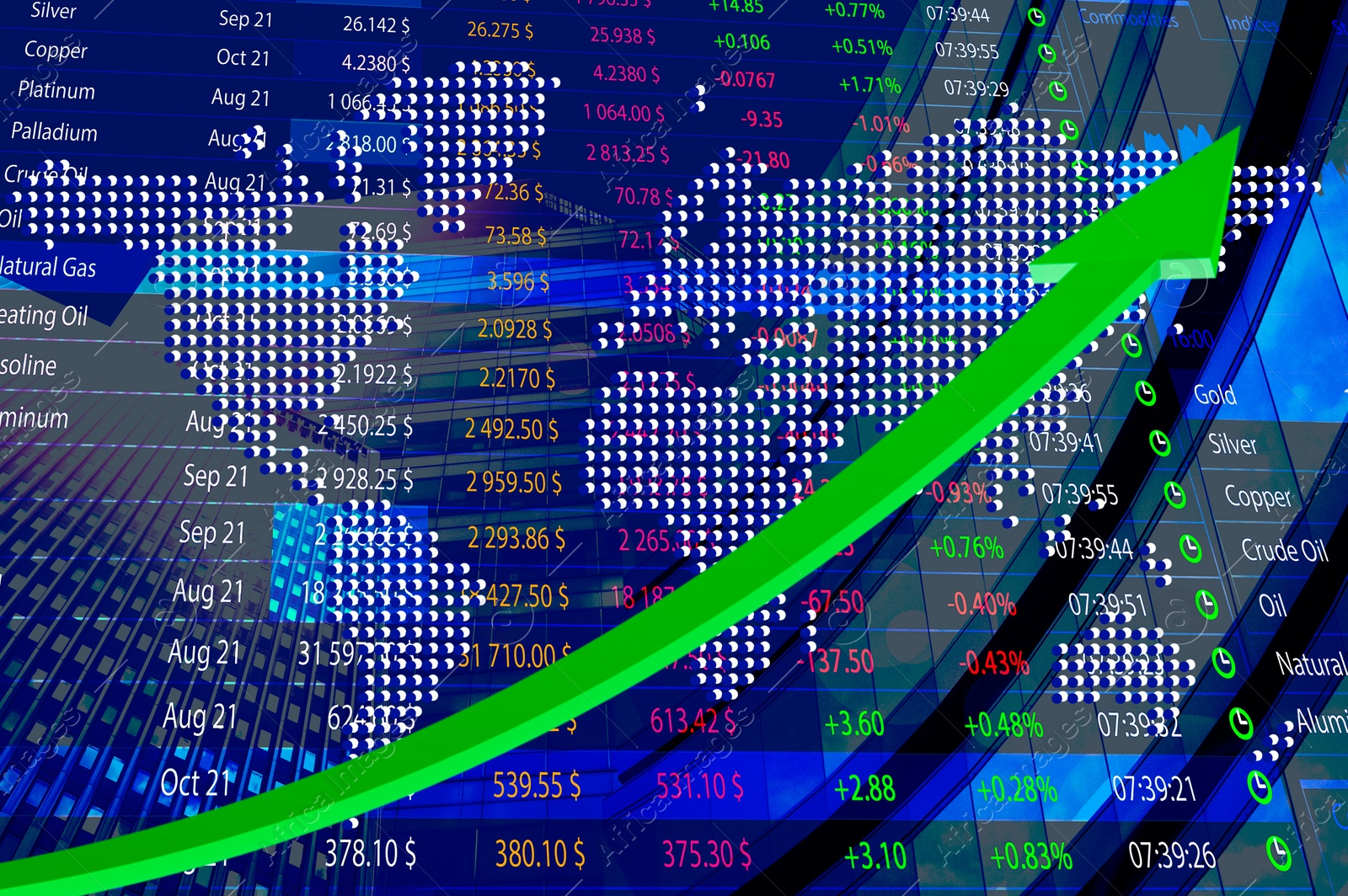 Image of Stock exchange concept. Modern buildings, world map, data and arrow, multiple exposure