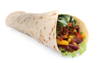 Delicious meat tortilla wrap isolated on white