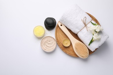 Photo of Flat lay composition with different spa products on white background, space for text