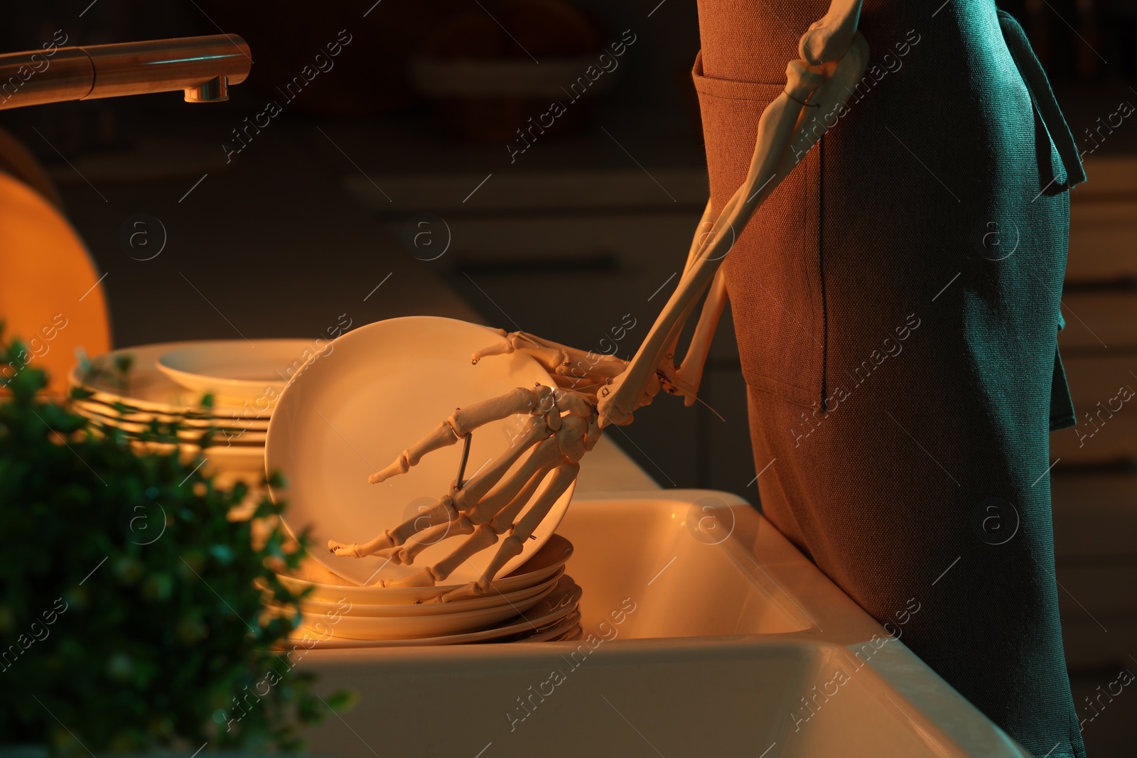 Photo of Human skeleton washing dishes in kitchen sink at night, closeup