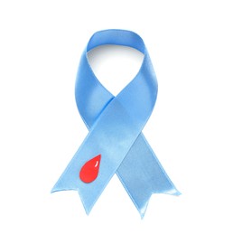 Photo of Light blue ribbon with paper blood drop on white background, top view. Diabetes awareness